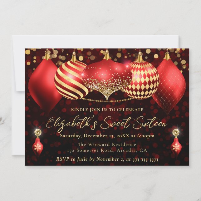 Red and Gold Christmas Baubles Sweet 16 Invitation (Front)
