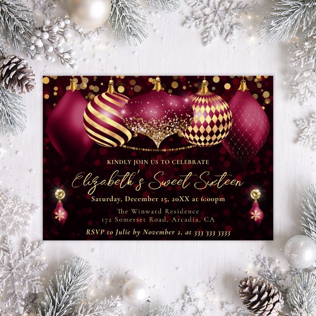 Red and Gold Christmas Baubles Sweet 16 Invitation (Creator Uploaded)