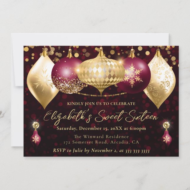 Red and Gold Christmas Baubles Sweet 16 Invitation (Front)