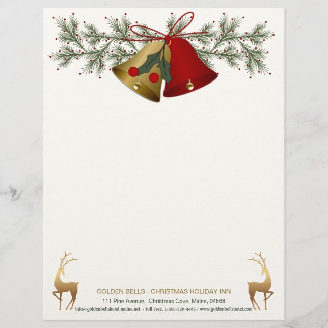 Red and gold Christmas bells, holly and pine Letterhead (Front)