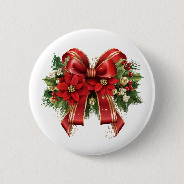 Red and Gold Christmas Bow Festive Button (Front)