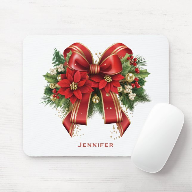 Red and Gold Christmas Bow Festive Mouse Pad (With Mouse)