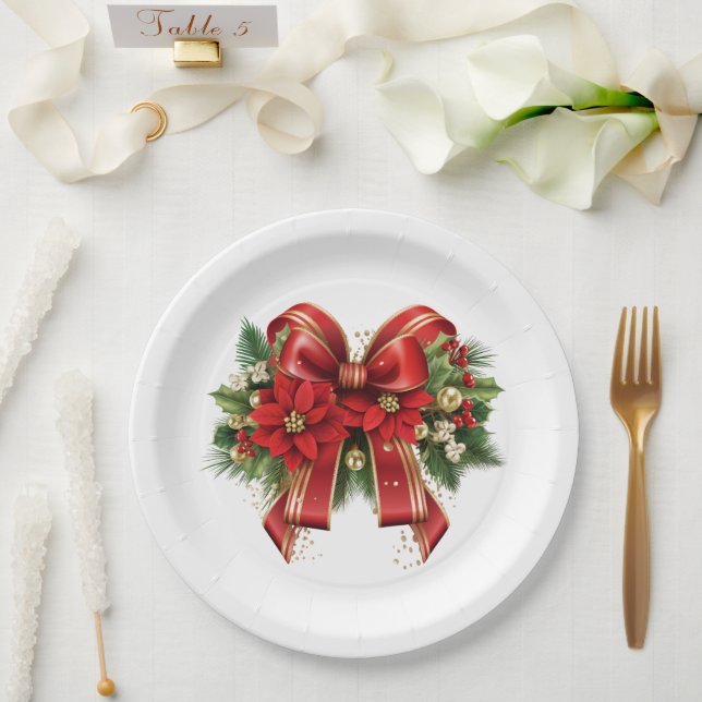 Red and Gold Christmas Bow Festive Paper Plates (Wedding)