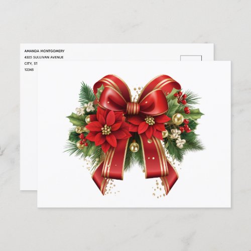 Red and Gold Christmas Bow Festive Postcard