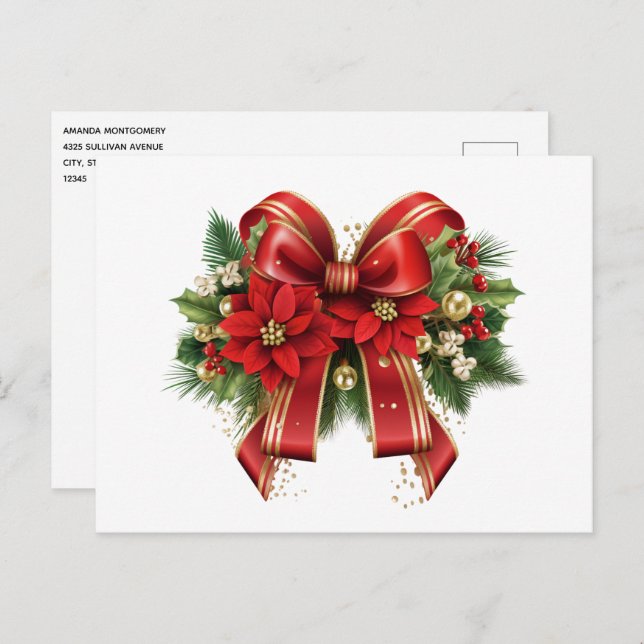 Red and Gold Christmas Bow Festive Postcard (Front/Back)