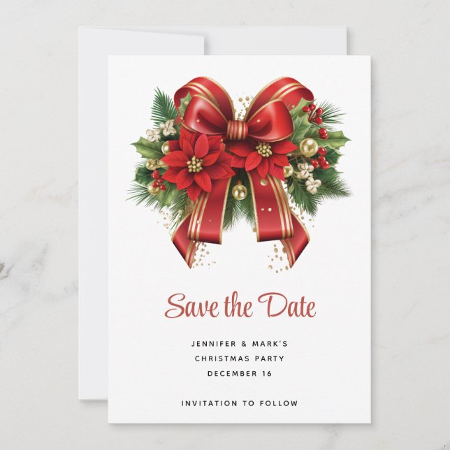 Red and Gold Christmas Bow Festive Save The Date (Front)
