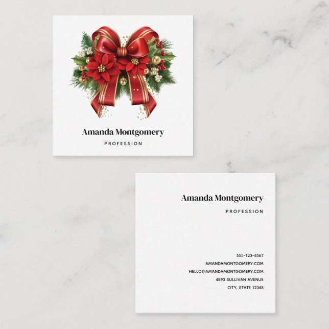 Red and Gold Christmas Bow Festive Square Business Card (Front/Back)