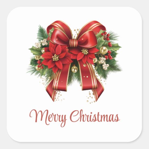  Red and Gold Christmas Bow Festive Square Sticker