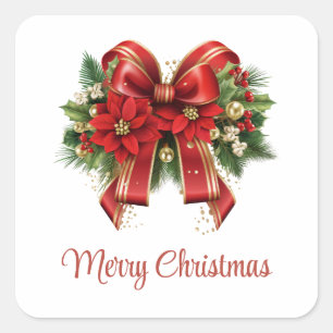  Red and Gold Christmas Bow Festive Square Sticker