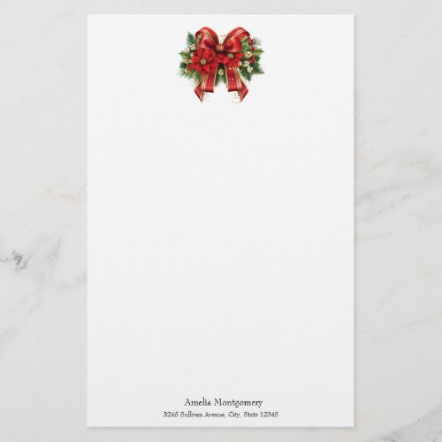 Red and Gold Christmas Bow Festive Stationery