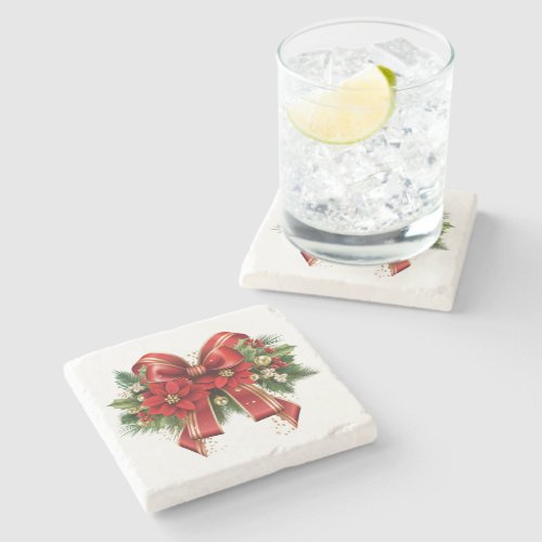 Red and Gold Christmas Bow Festive Stone Coaster
