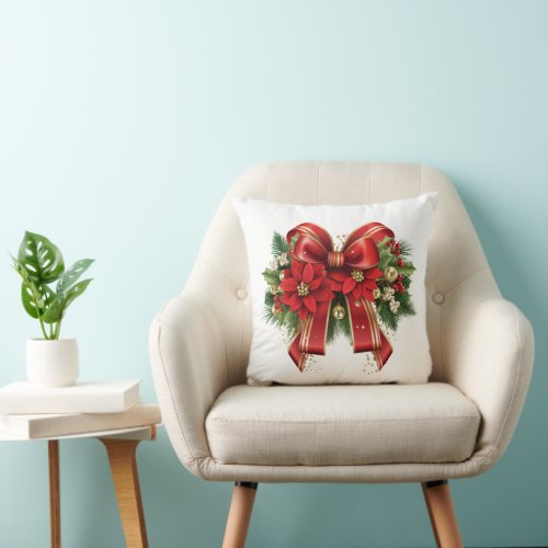 Red and Gold Christmas Bow Festive Throw Pillow
