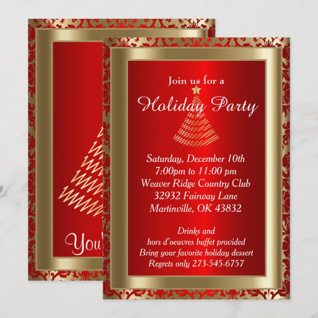 Red and Gold Christmas Holiday Tree Invitation (Front/Back)