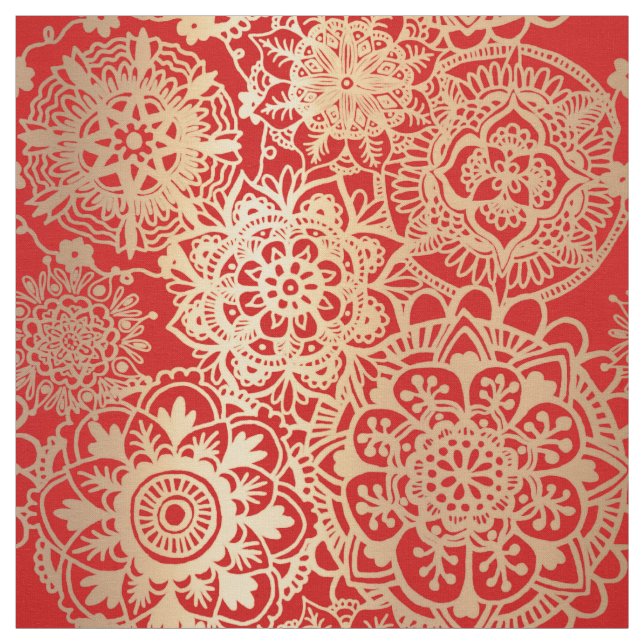 Red and Gold Christmas Mandala Pattern Fabric (Swatch)
