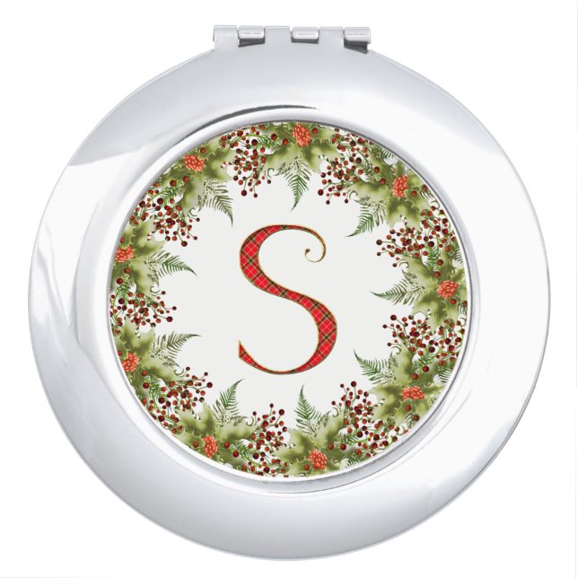 Red and Gold Christmas  Monogrammed compact mirror (Front)