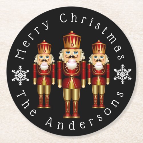 Red and Gold Christmas Nutcrackers Personalize Rou Round Paper Coaster