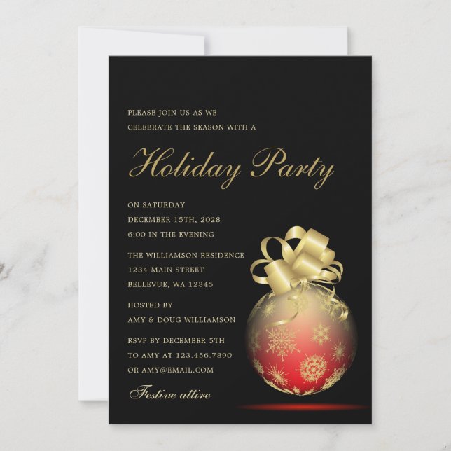 Red and Gold Christmas Ornament Holiday Party Invitation (Front)
