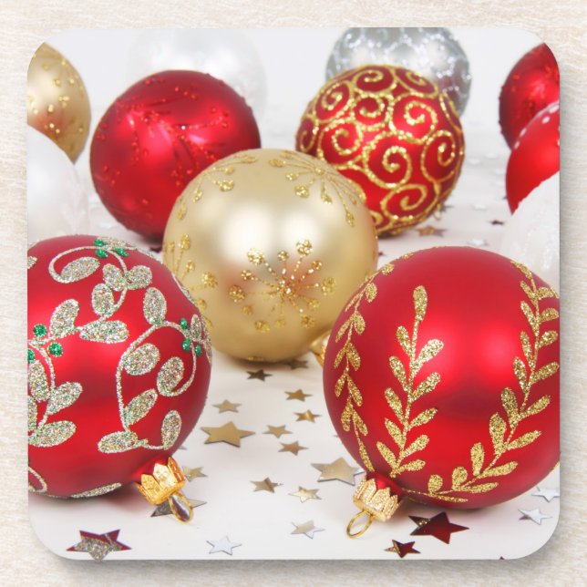 Red and Gold Christmas Ornaments Beverage Coasters (Front)