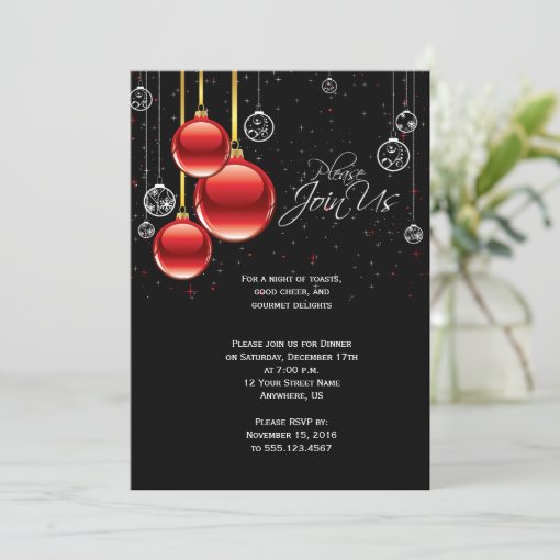 Red and Gold Christmas Ornaments on Black Party Invitation | Zazzle