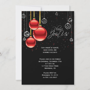 Red and Gold Christmas Ornaments on Black Party Invitation