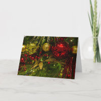 Red and Gold Christmas Ornaments on Xmas Tree Card