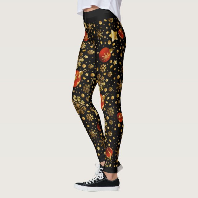 Red and Gold Christmas Ornaments Pattern Leggings (Left)