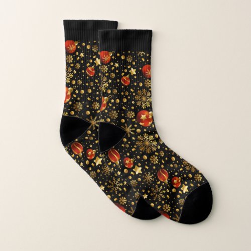 Red and Gold Christmas Ornaments Pattern Socks
