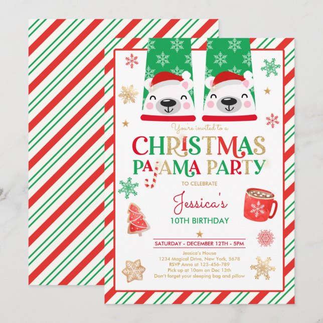 Red And Gold Christmas Pajama Birthday Party Invitation (Front/Back)