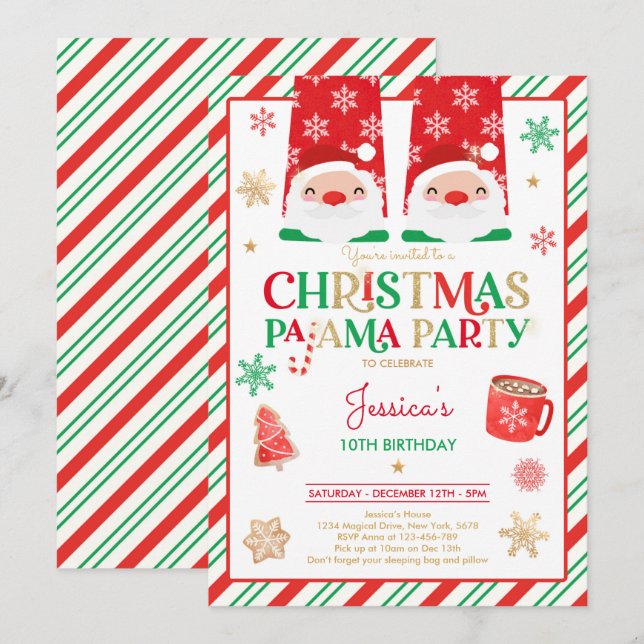 Red And Gold Christmas Pajama Birthday Party Invitation (Front/Back)