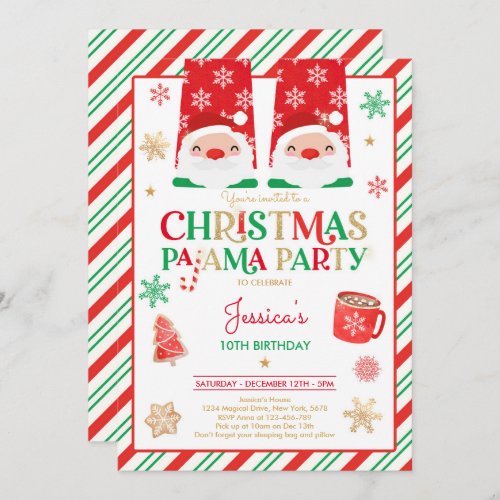 Red And Gold Christmas Pajama Birthday Party Invitation