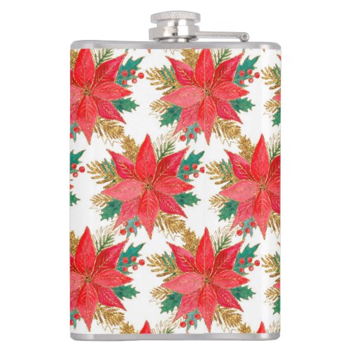 Red and gold Christmas poinsettia pattern Flask