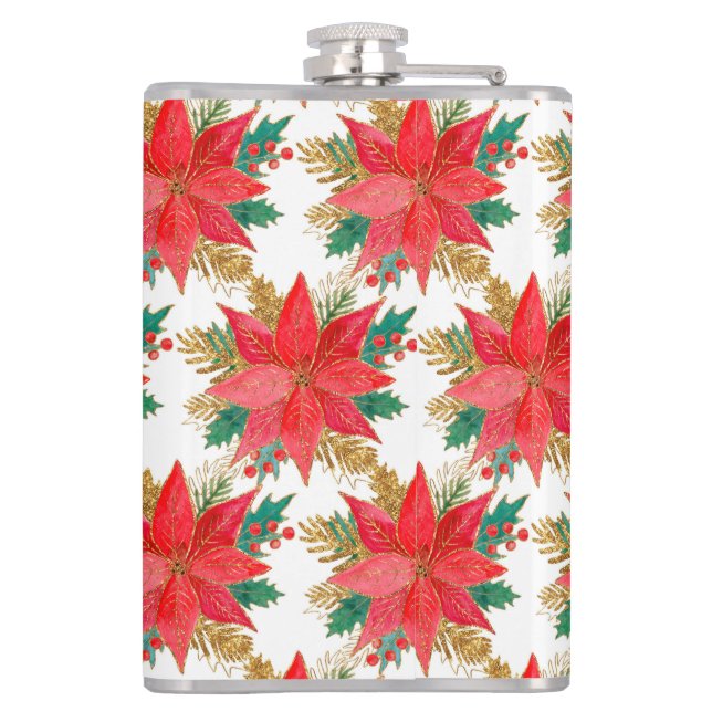 Red and gold Christmas poinsettia pattern Flask (Back)