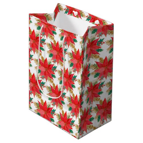 Red and gold Christmas Poinsettia Pattern Medium Gift Bag
