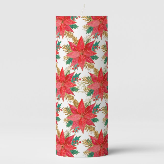 Red and gold Christmas poinsettia pattern Pillar Candle (Front)
