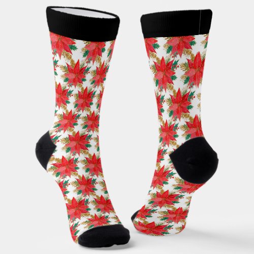 Red and gold Christmas poinsettia pattern Socks