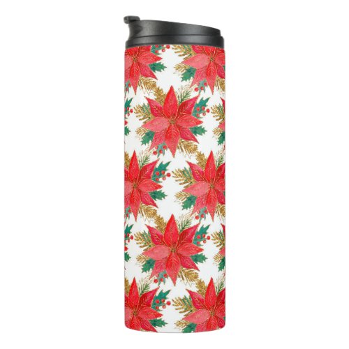 Red and gold Christmas poinsettia pattern Thermal Tumbler