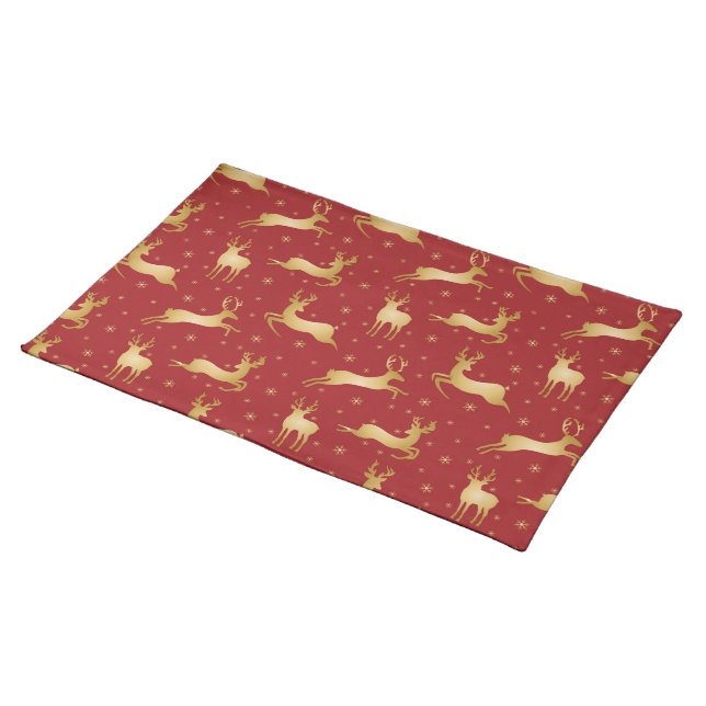 Red and gold Christmas reindeer Cloth Placemat (On Table)