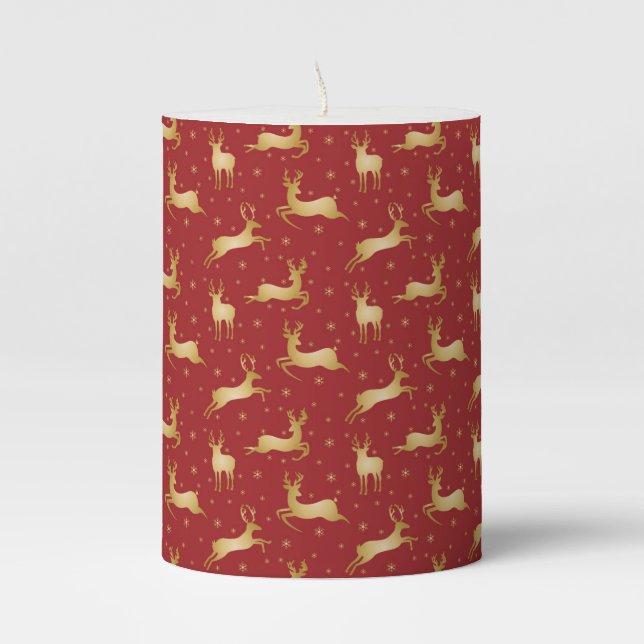 Red and gold Christmas reindeer Pillar Candle (Front)