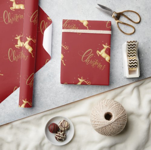 Red and Gold Christmas Reindeer Wrapping Paper