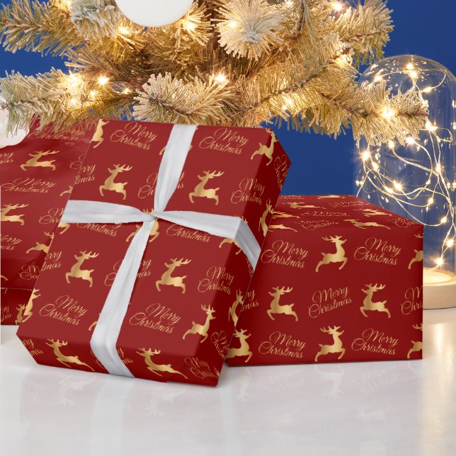 Red and Gold Christmas Reindeers Wrapping Paper (Holidays)