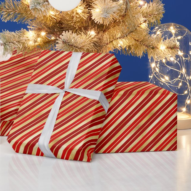 Red and Gold Christmas Stripes Wrapping Paper (Holidays)