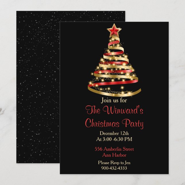 Red and Gold Christmas Tree Invitation (Front/Back)