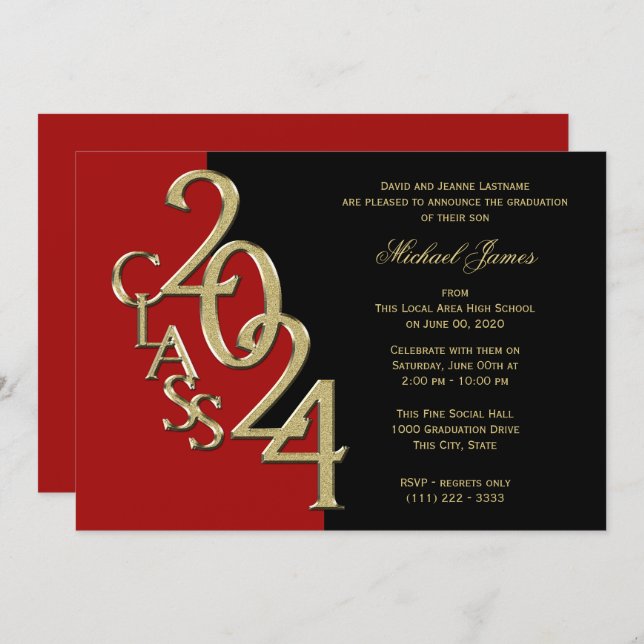 Red and Gold Class of 2024 Grad with Color Option Invitation (Front/Back)