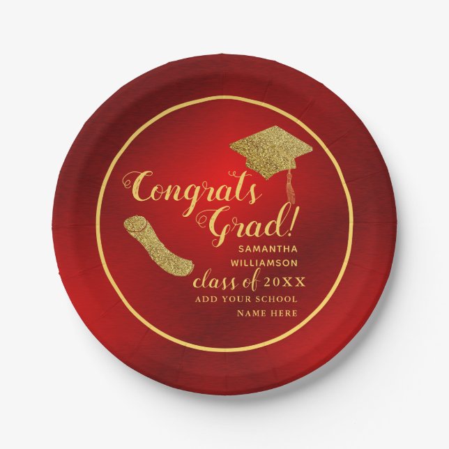 Red and Gold Class of 2025 Graduation Paper Plates (Front)