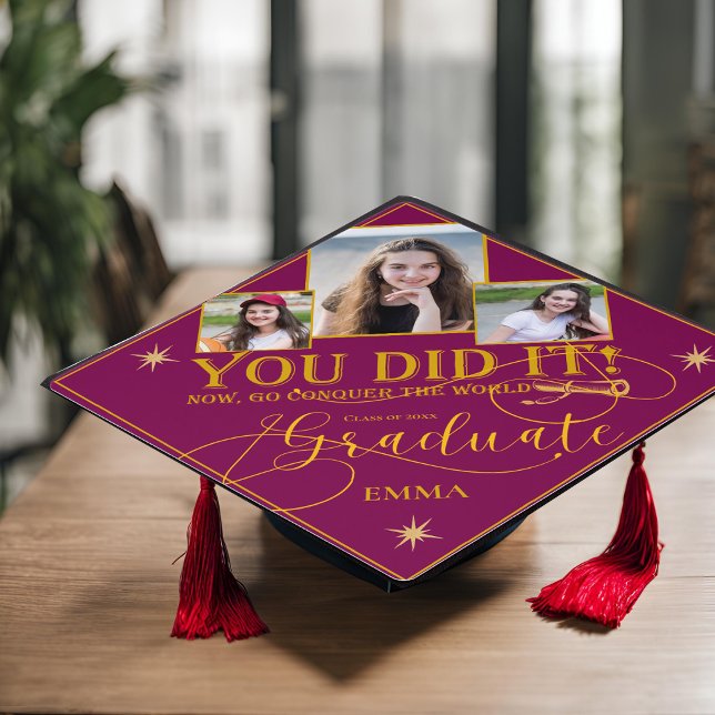 Red and Gold Class Of 2026 You Did It Quote Photo Graduation Cap Topper (Red Blue Gold Class Of 2025 You Did It Quote Graduation Cap Topper)