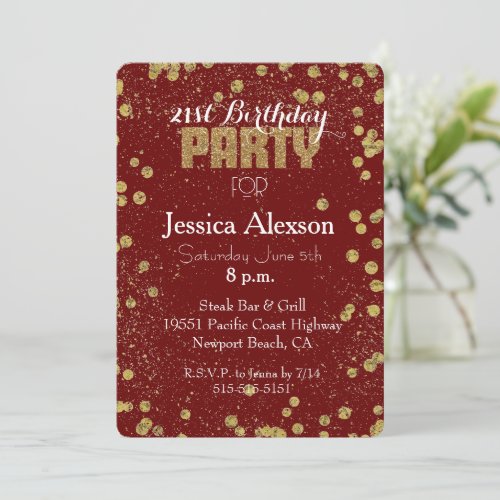 Red and Gold Confetti Glitter 21st Birthday Invitation