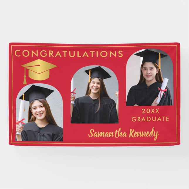 Red And Gold Congratulations 3 Photo Graduation Banner (Horizontal)