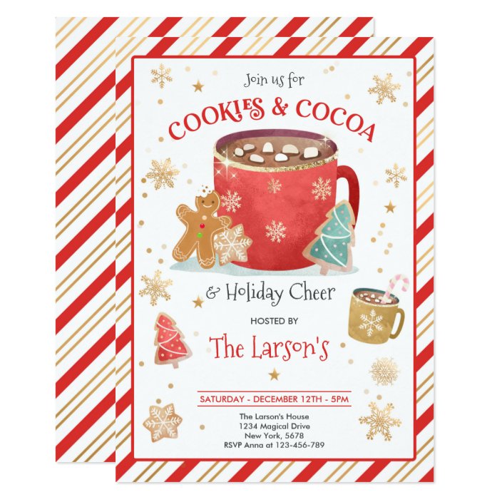 Red And Gold Cookies And Hot Cocoa Holiday Party Invitation