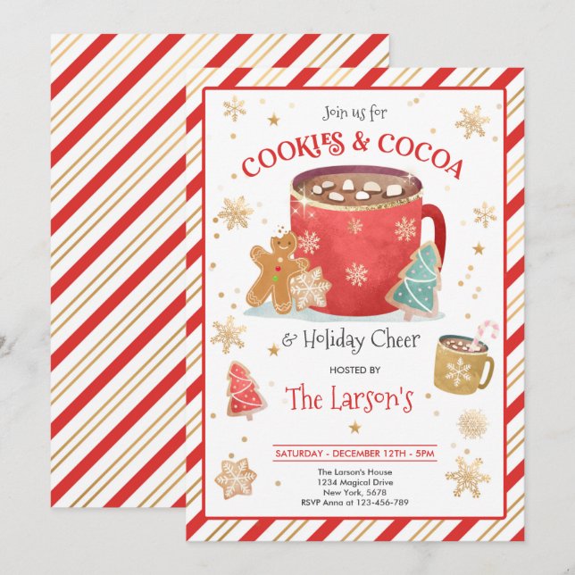 Red And Gold Cookies And Hot Cocoa Holiday Party Invitation (Front/Back)