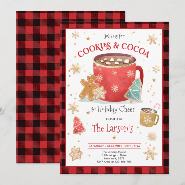 Red And Gold Cookies And Hot Cocoa Holiday Party Invitation (Front/Back)